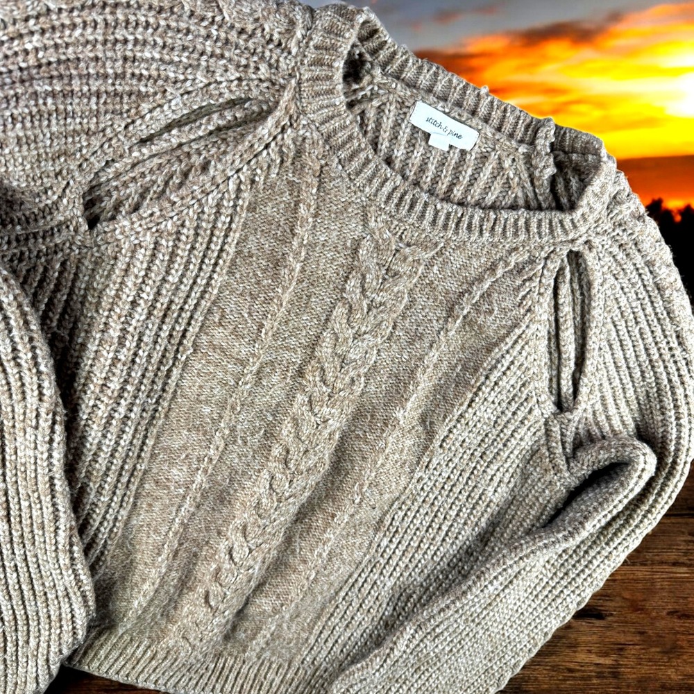 Stitch & Pine Womens Small Cable Knit Open Sleeve Sweater‎ Pullover Beige